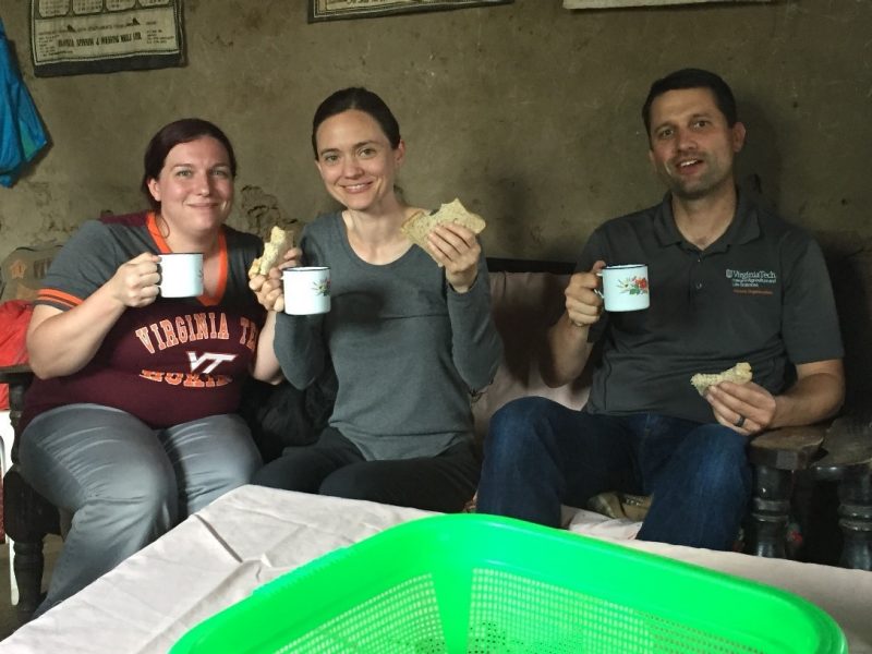 Jamie Stewart, Cassidy Rist, and Ben Grove with butter sandwiches and African tea