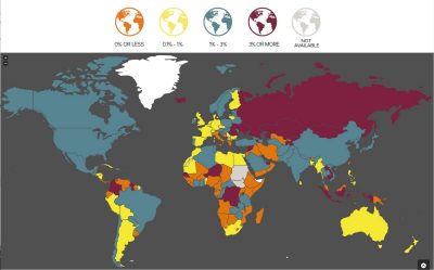 A map of the world with countries shaded various colors reflecting TFP growth