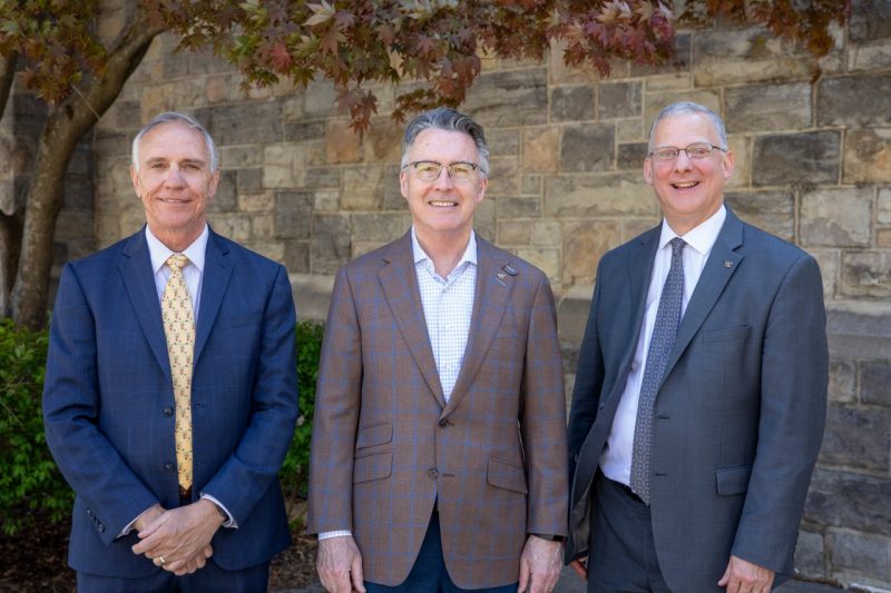 (From left) Cyril Clarke, executive vice president and provost; Tim Sands, president; and Alan Grant, dean of the College of Agriculture and Life Sciences. Photo by Tim Skiles for Virginia Tech.
