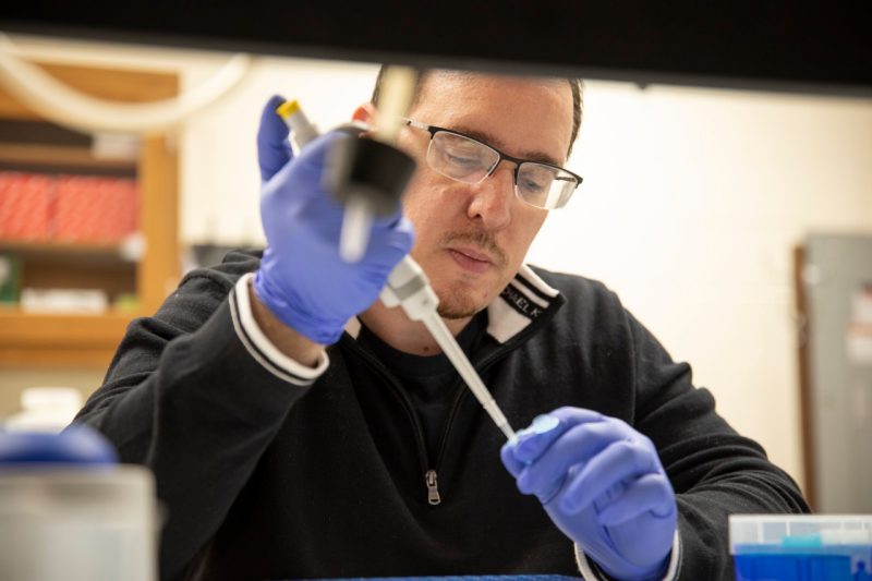 In his lab, Tim Jarome uses a pipette to draw fluid from a test tube.