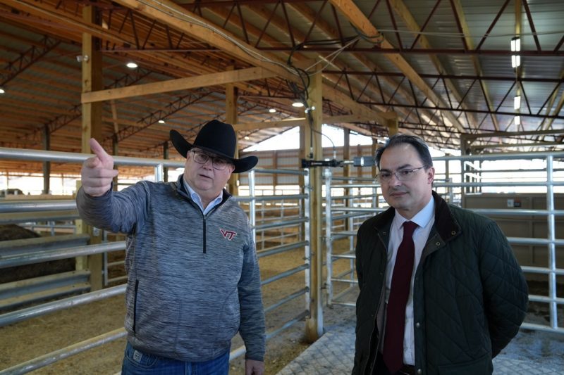 Two men stand in a barn