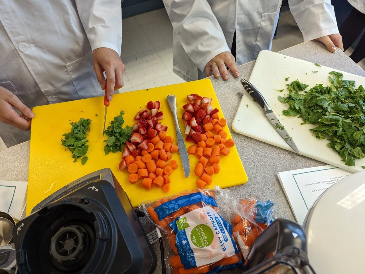 Students cutting fruits and vegetables