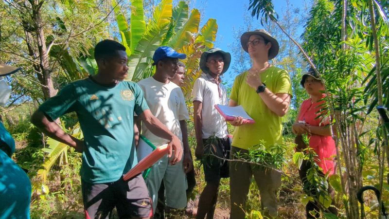 Chris Logan '22 instructs Green Again workers in restoration monitoring in Malagasy. Photo by Leighton Reid.